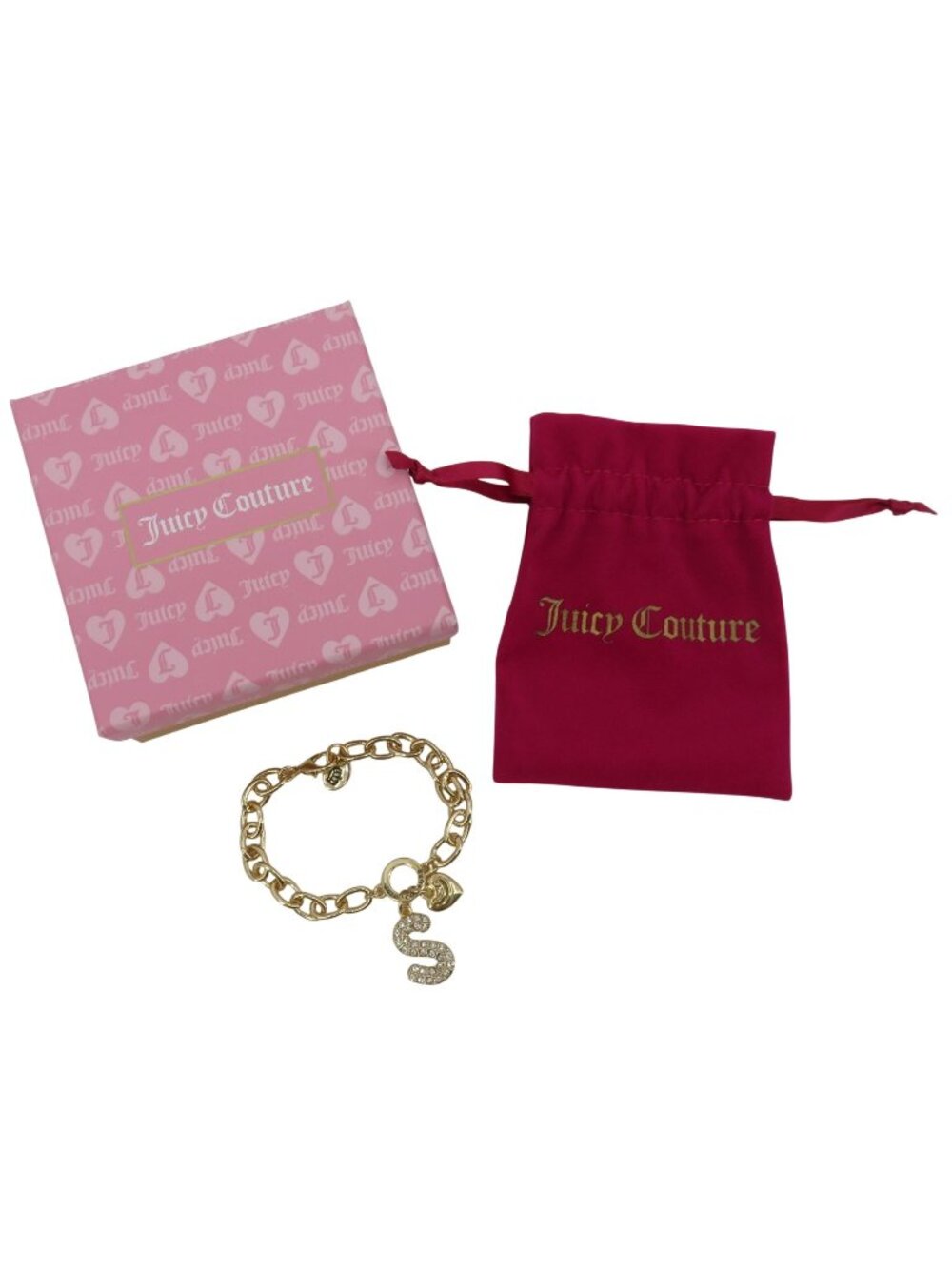 Juicy Couture Bubble S Initial Rhinestone Charm Bracelet Gold Tone Metal NEW